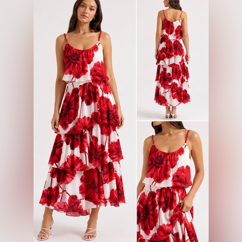 Karl Lagerfeld Paris Red & White Floral Tiered Ruffle Maxi Dress